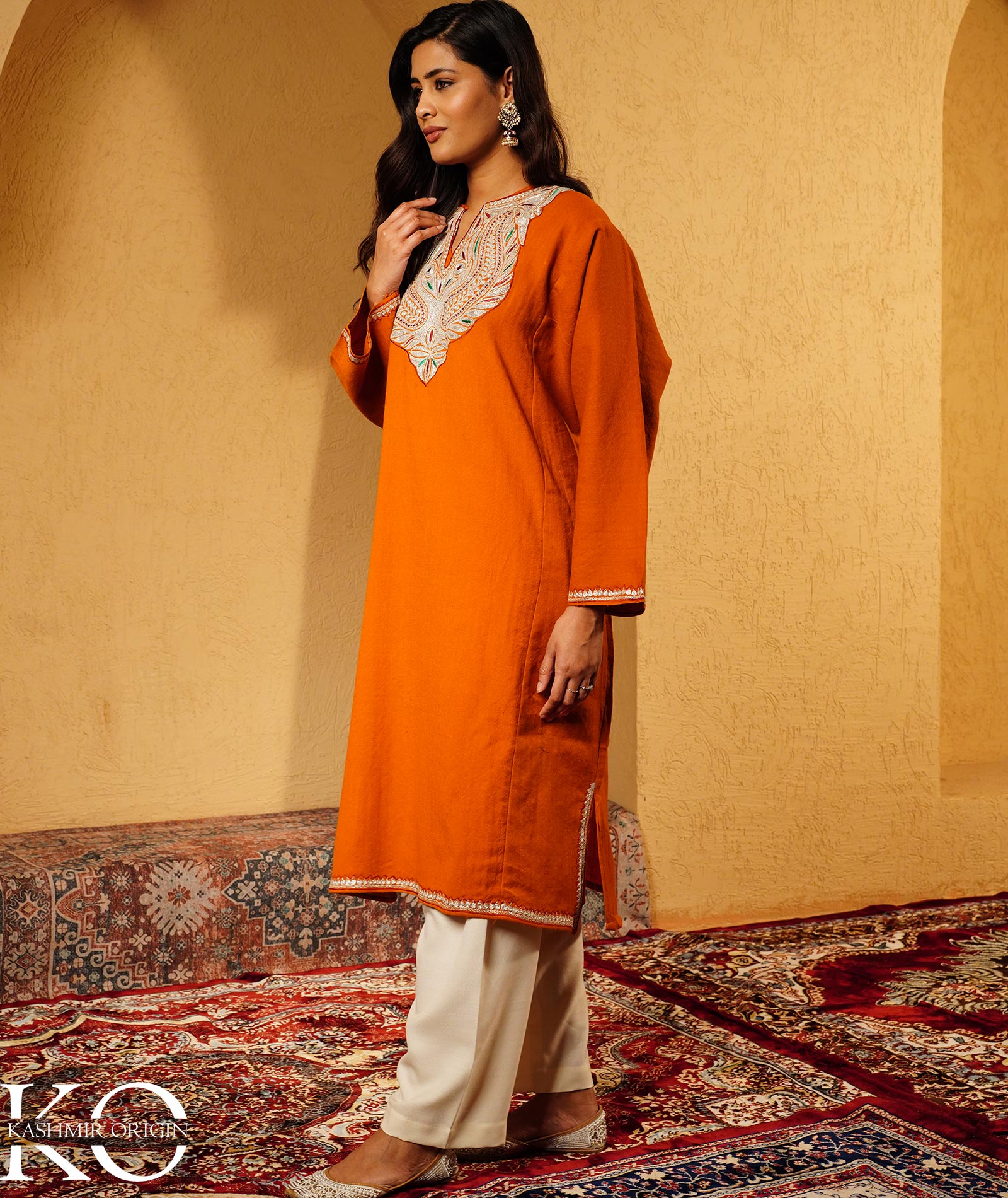 Burnt Orange Tilla Embroidered Pure Kashmiri Woolen Pheran