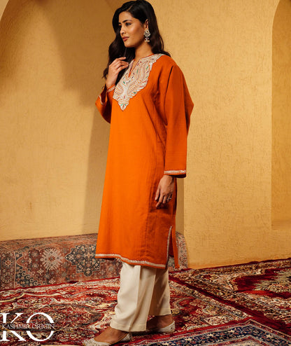Burnt Orange Tilla Embroidered Pure Kashmiri Woolen Pheran