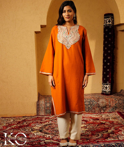 Burnt Orange Tilla Embroidered Pure Kashmiri Woolen Pheran
