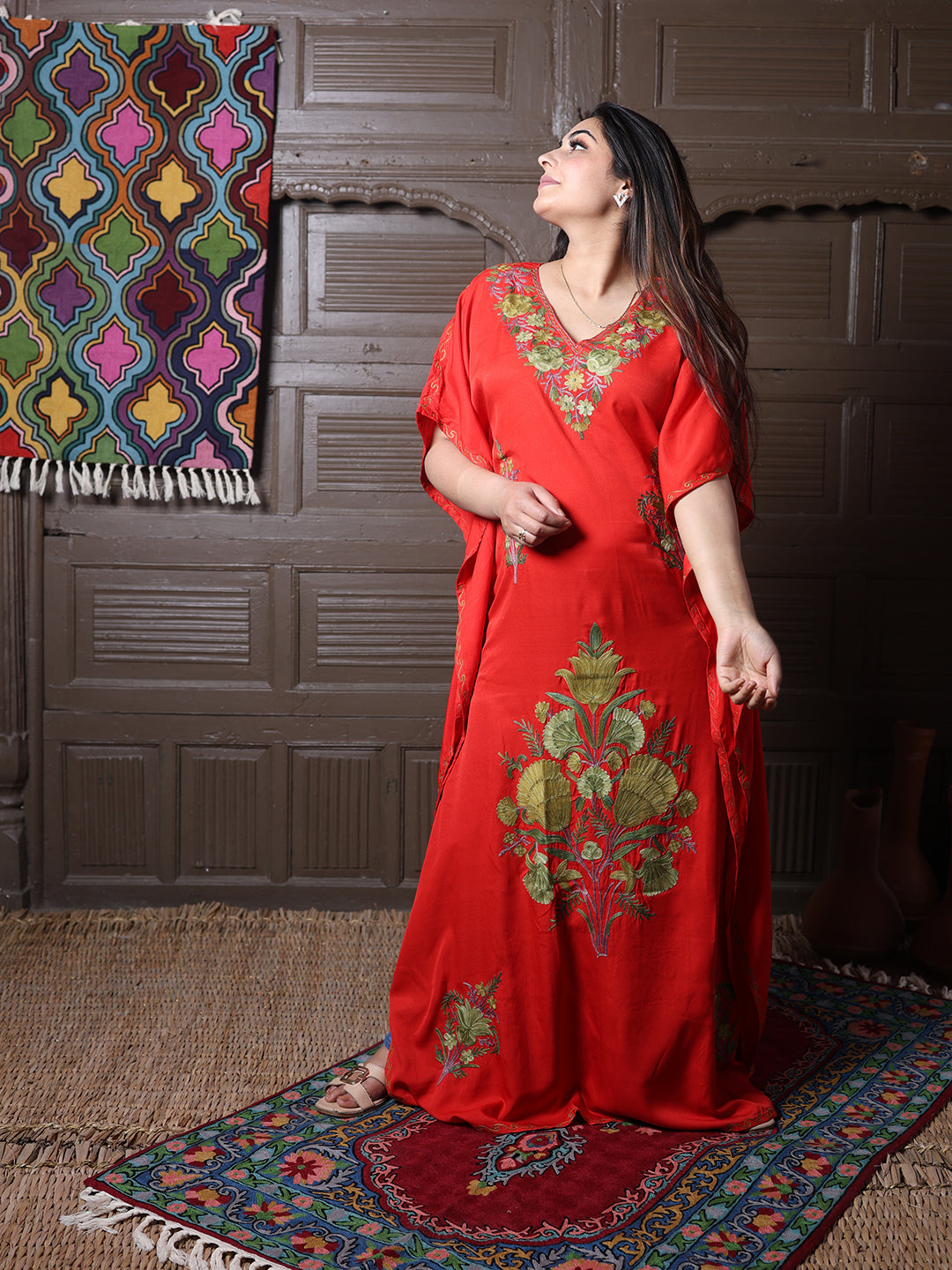 Scarlet Red Cotton Silk Kaftan with Green Aari Florals