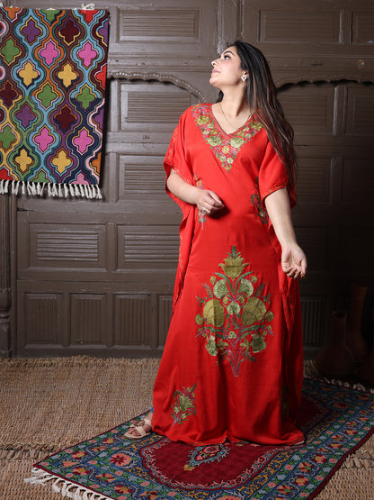 Scarlet Red Cotton Silk Kaftan with Green Aari Florals