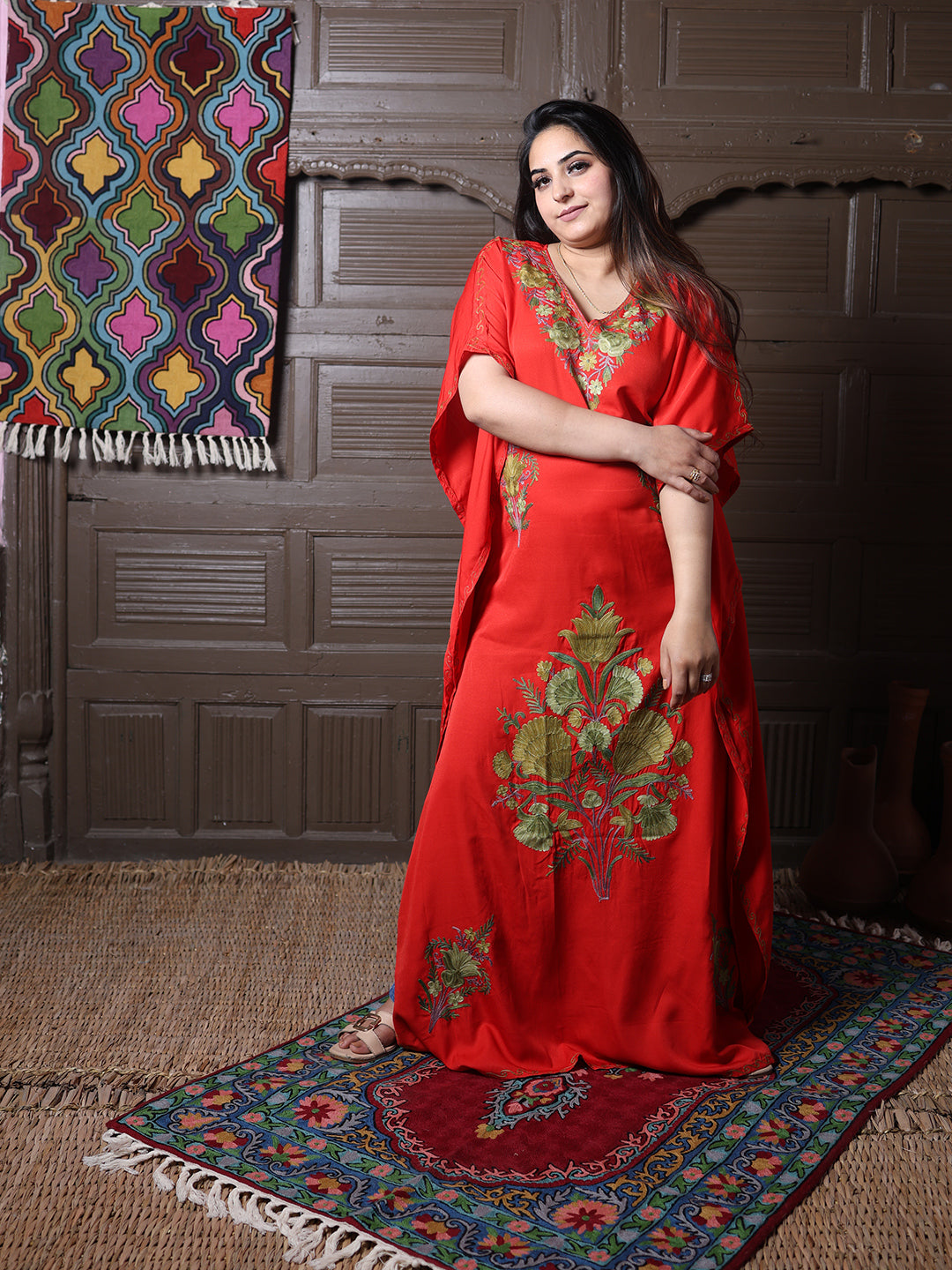 Scarlet Red Cotton Silk Kaftan with Green Aari Florals