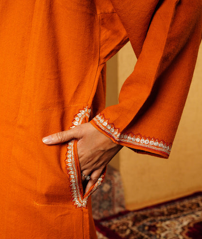 Burnt Orange Tilla Embroidered Pure Kashmiri Woolen Pheran