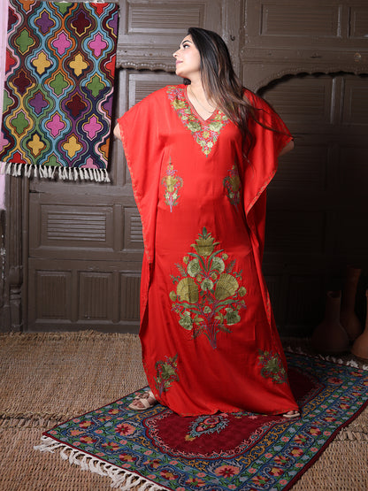 Scarlet Red Cotton Silk Kaftan with Green Aari Florals