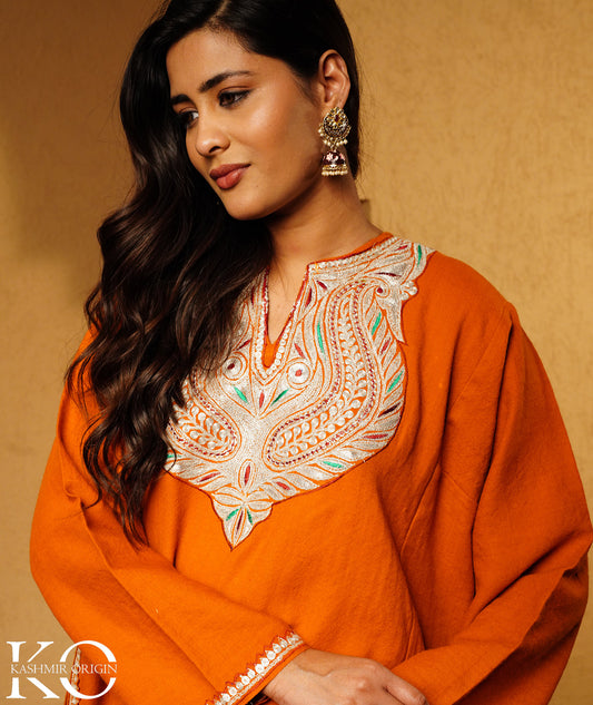 Burnt Orange Tilla Embroidered Pure Kashmiri Woolen Pheran