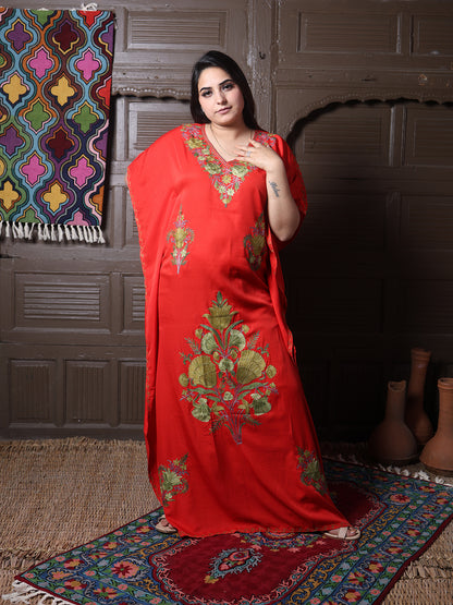 Scarlet Red Cotton Silk Kaftan with Green Aari Florals