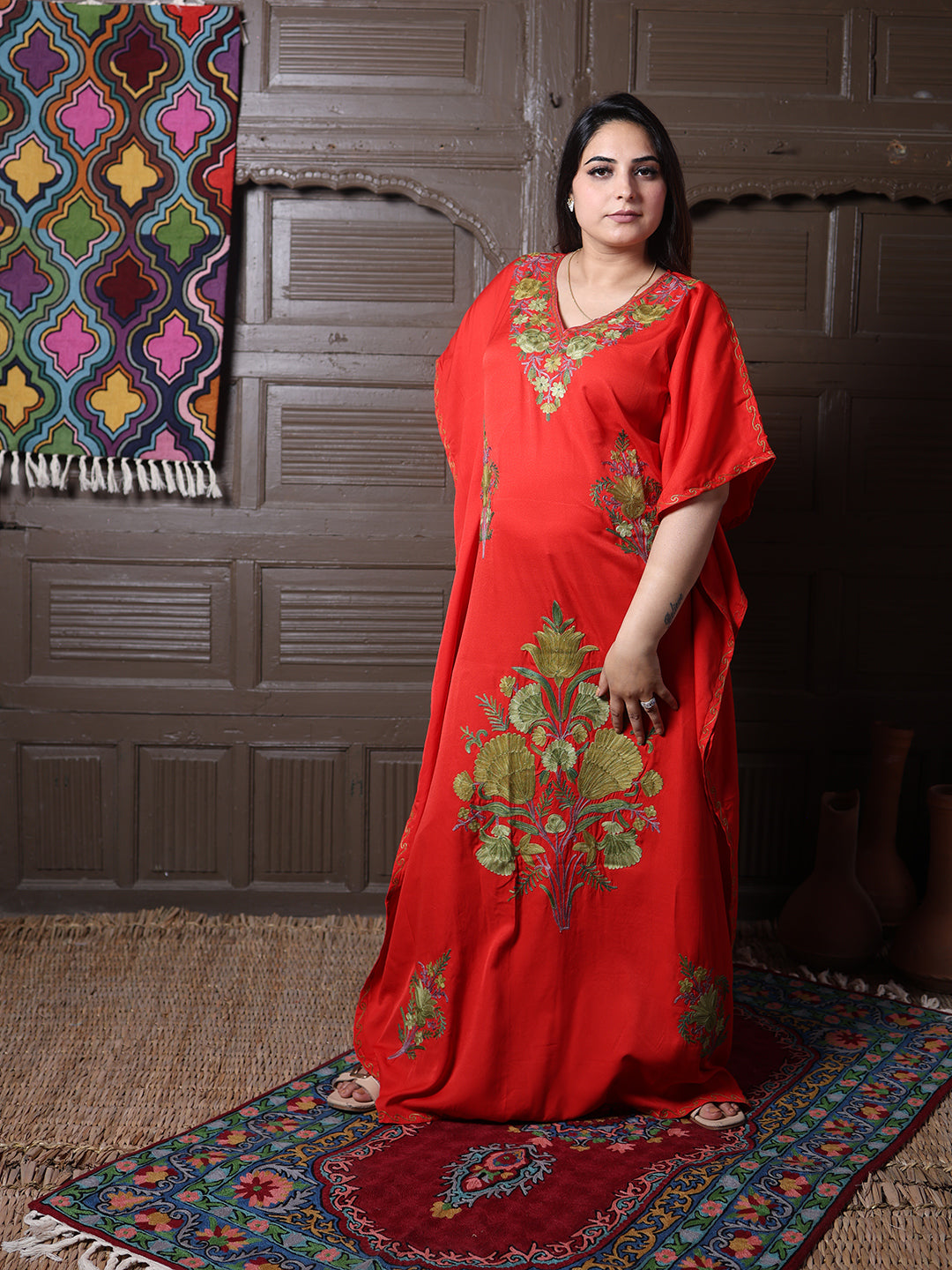 Scarlet Red Cotton Silk Kaftan with Green Aari Florals