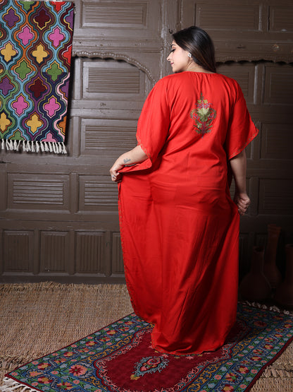 Scarlet Red Cotton Silk Kaftan with Green Aari Florals
