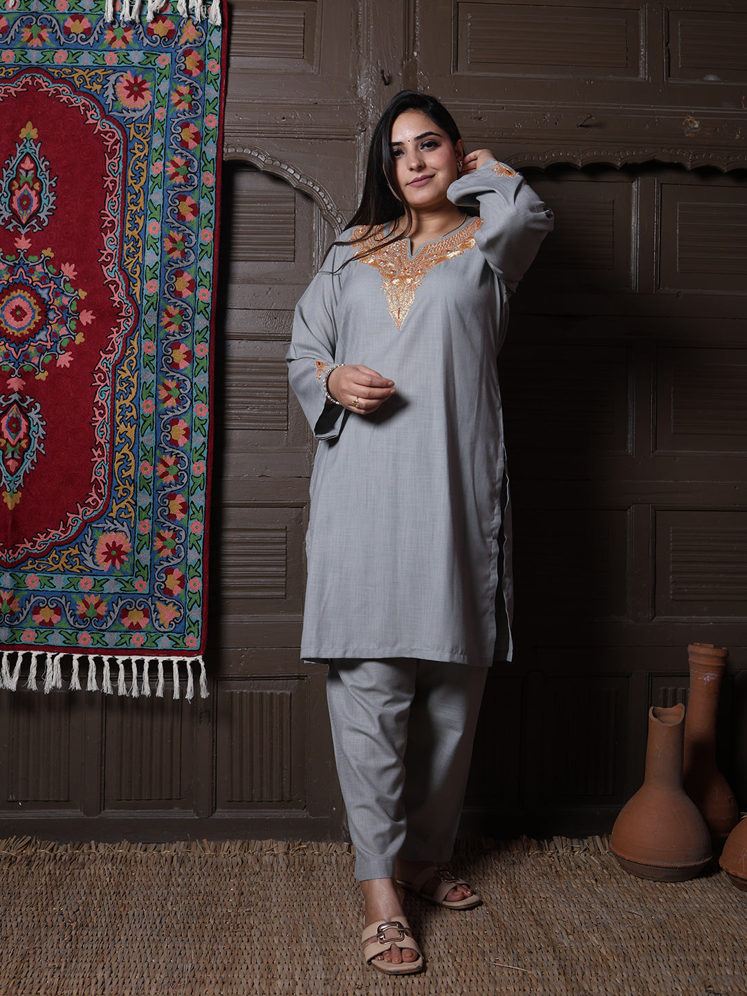 Steel Grey Golden Tilla Embroidered Kashmiri Cotton Co-Ord Set