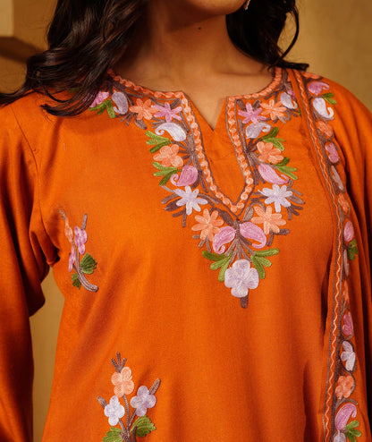 Rust Aari Embroidered Bootidaar Woolen Suit With Shawl