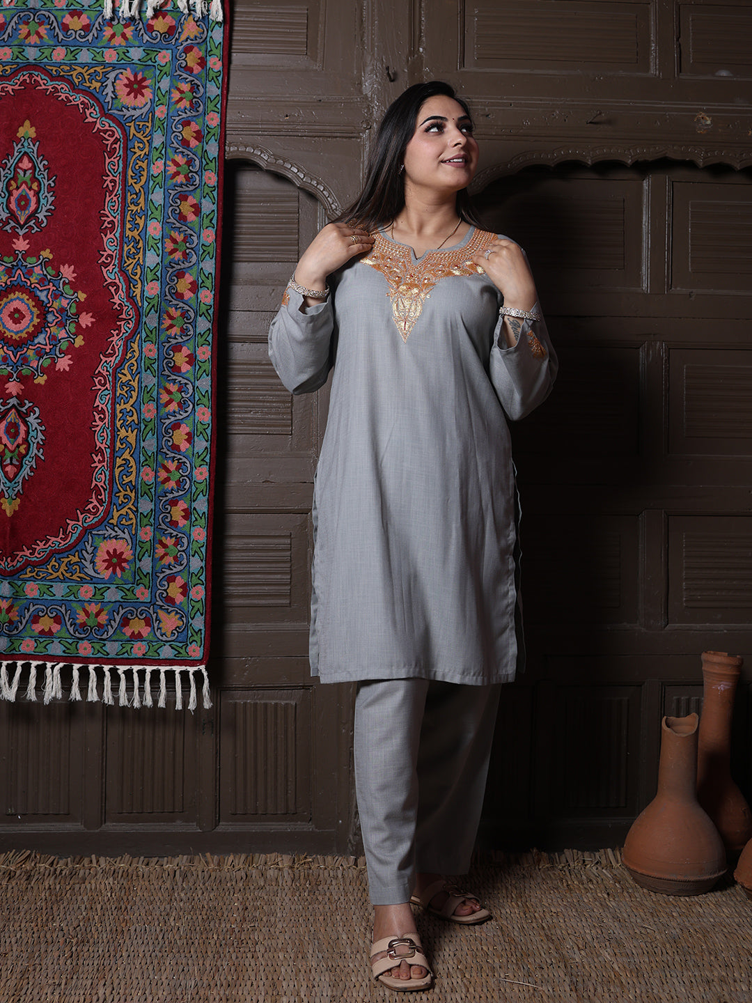 Steel Grey Golden Tilla Embroidered Kashmiri Cotton Co-Ord Set