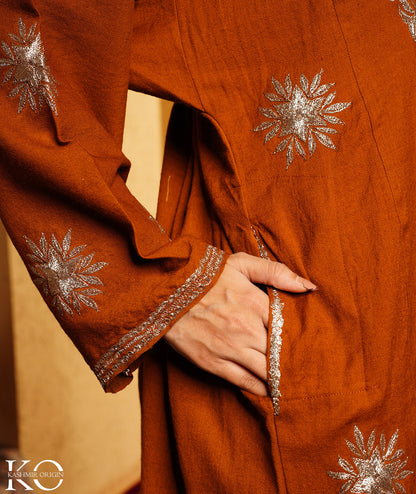 Rust Tilla Embroidered Bootidaar Pure kashmiri Wool Pheran Set