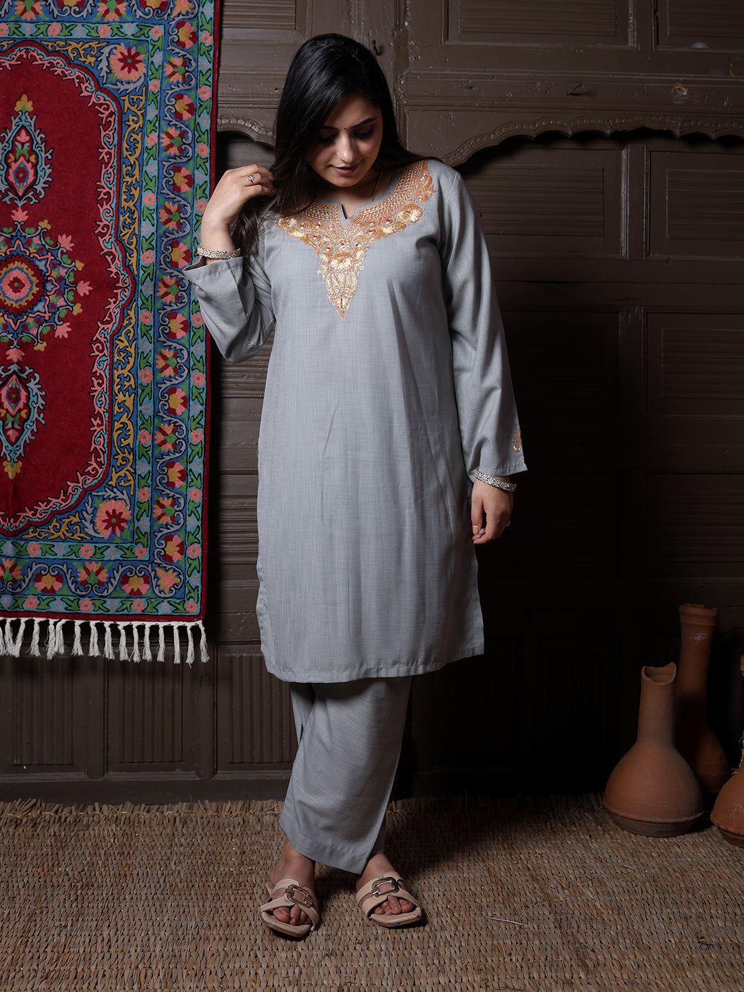 Steel Grey Golden Tilla Embroidered Kashmiri Cotton Co-Ord Set