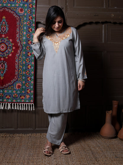 Steel Grey Golden Tilla Embroidered Kashmiri Cotton Co-Ord Set