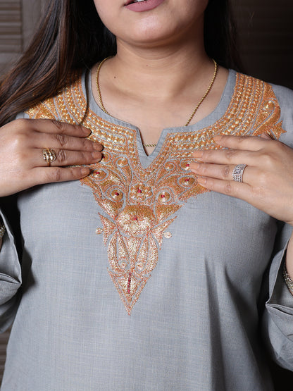 Steel Grey Golden Tilla Embroidered Kashmiri Cotton Co-Ord Set