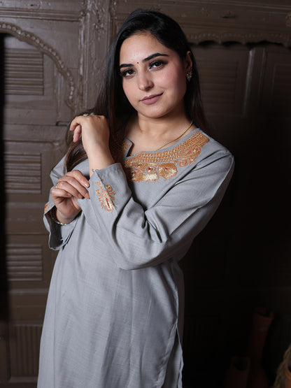 Steel grey golden tilla embroidered Kashmiri cotton co-ord set for women