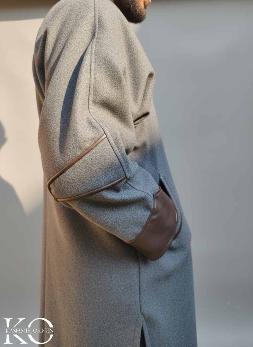 Grey Stylish Leather Collar Kashmiri Pheran | Men's Phiran | Men's Winter Coat | Leather Cuffs