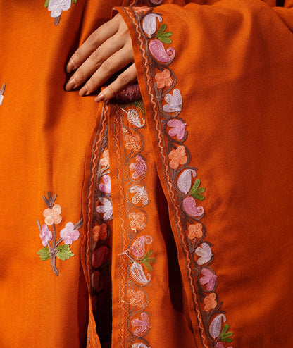 Rust Aari Embroidered Bootidaar Woolen Suit With Shawl