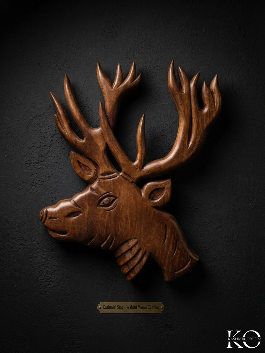 kashmir stag Head | Hangul Shape miniature Walnut Wood Decor Piece | Hand Carved In Kahsmir