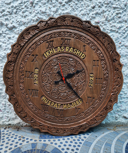 Walnut wood wall clock, carved border detail