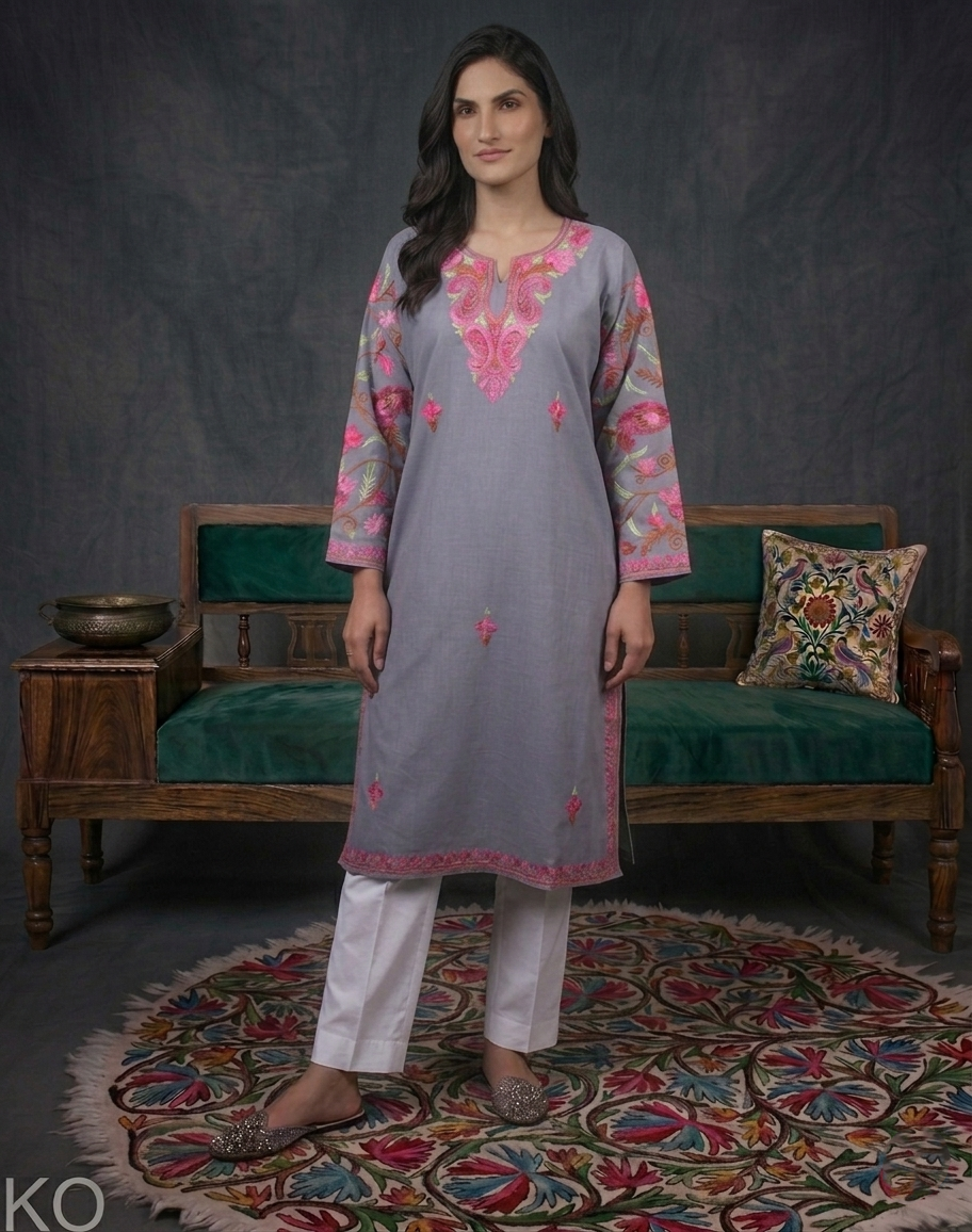 Subtle Stone Grey Aari Embroidered Arm Design Cotton Kurti