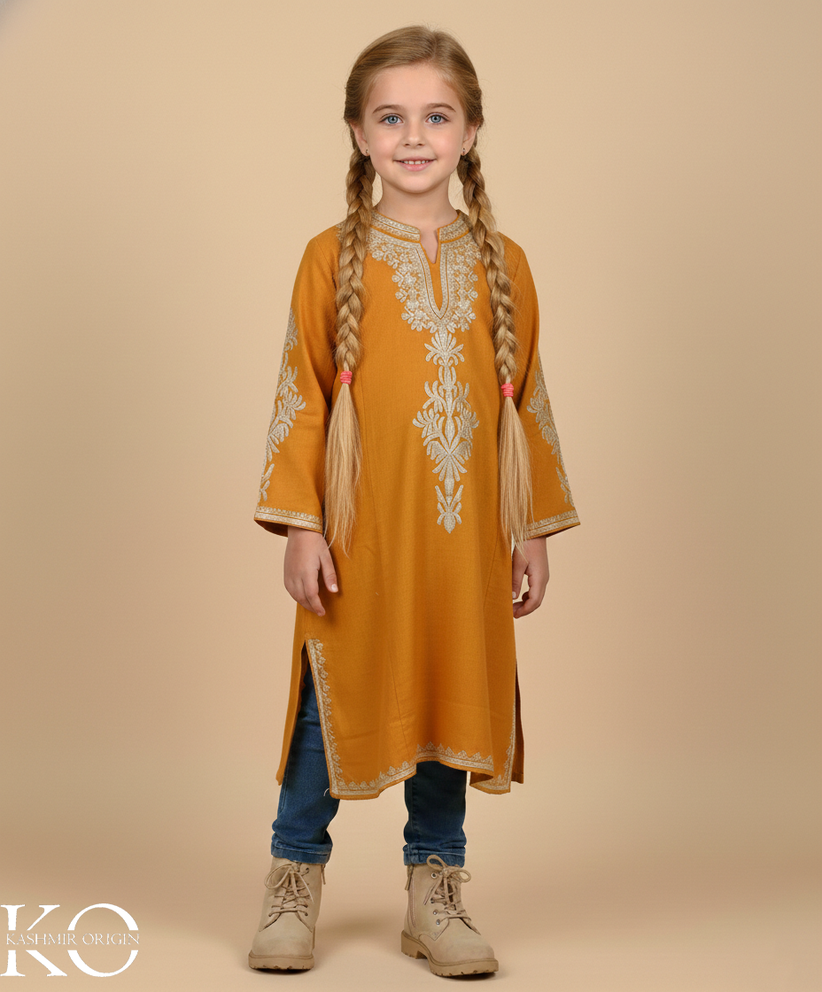 Mustard Zari Embroidered Woolen Kids Pheran | Girls Pheran | Kids Wear