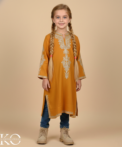 Mustard Zari Embroidered Woolen Kids Pheran | Girls Pheran | Kids Wear