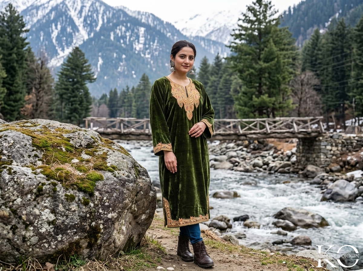 Mehndi green velvet Tilla pheran – front view – Kashmir Origin