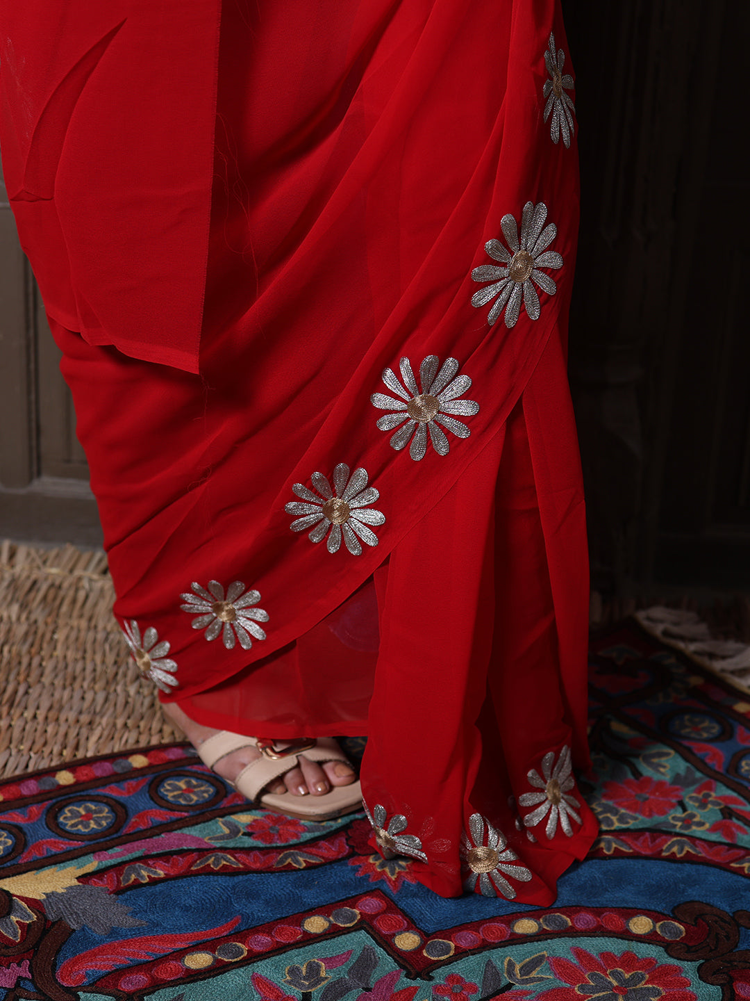 Red Georgette Saree with Silver Aari Daisy Motifs