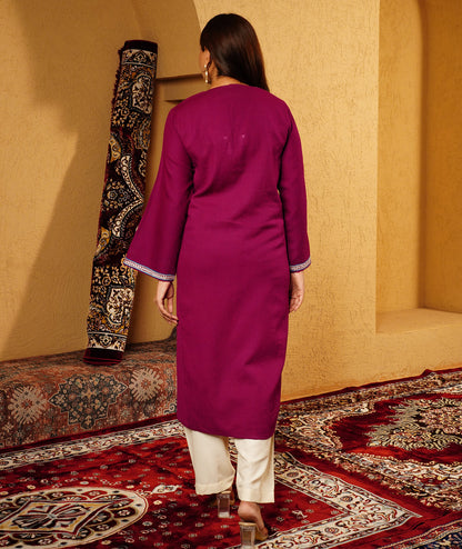 Purple Tilla Embroidered Pure Kashmiri Wool Pheran