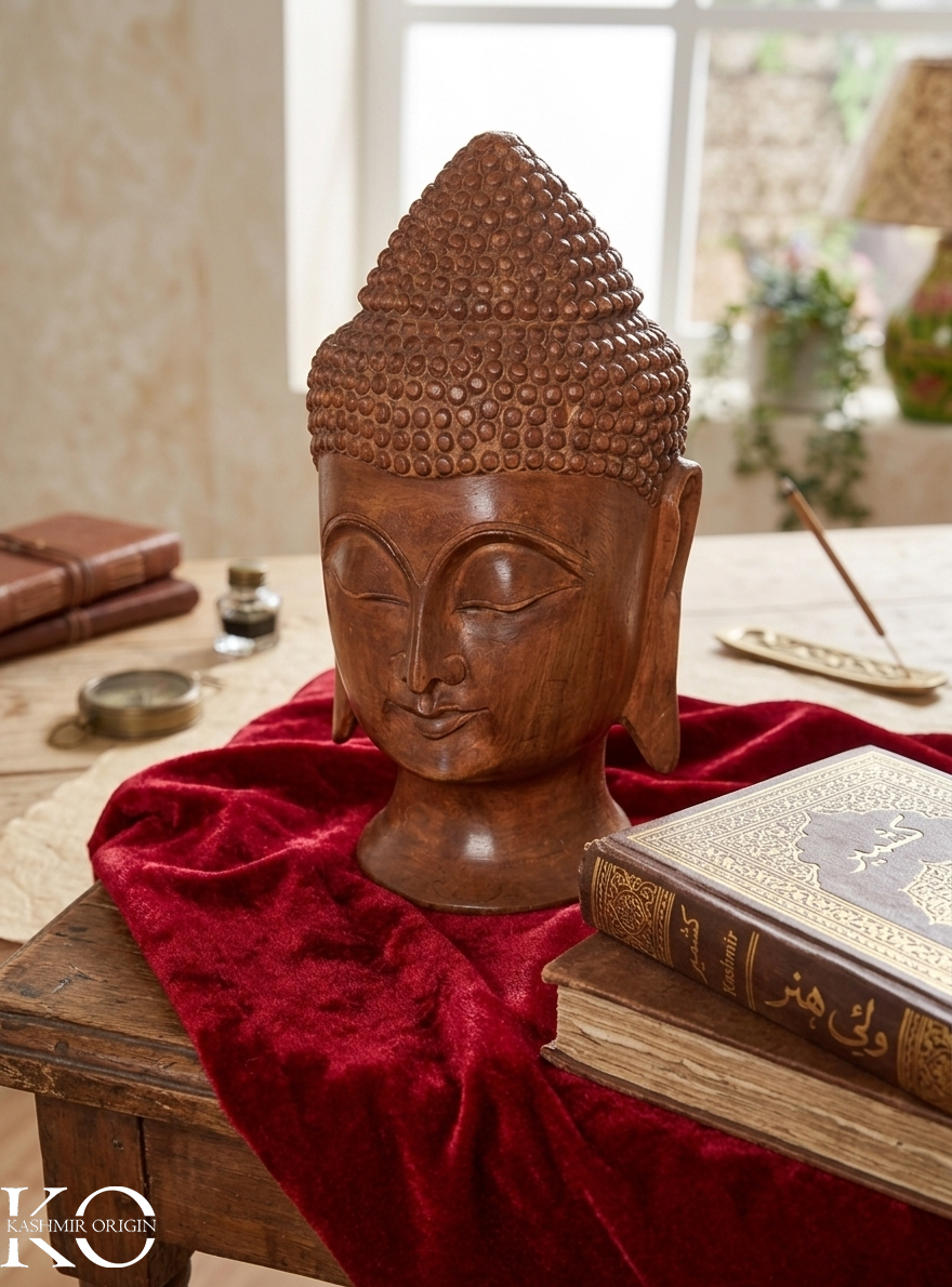 Walnut Wood Buddha Face Showpiece | Buddha Head Statue Sculpture Figurine for Home Décor | 12 inches | Brown | Handcrafted Meditation Buddha Statue for Home, Office, Mandir & Pooja Room Décor | Decorative Gifts for Housewarming & Festivals