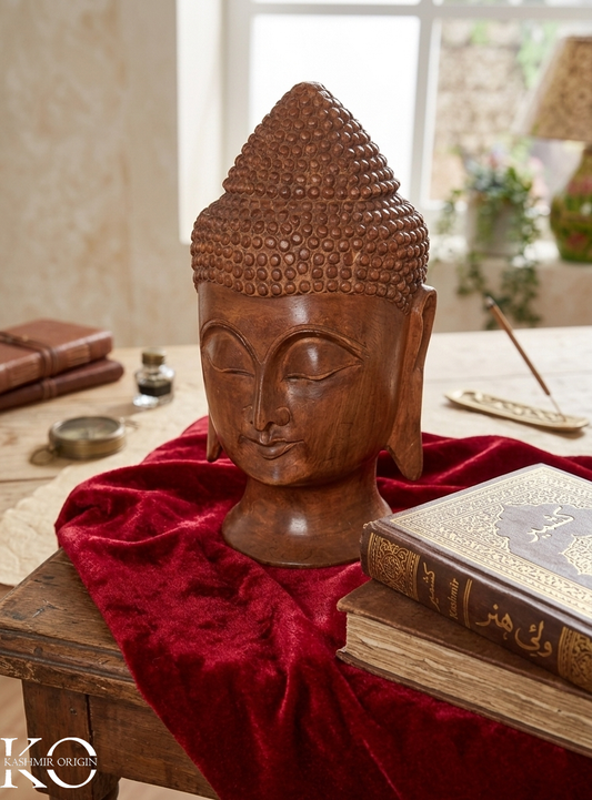 Walnut Wood Buddha Face Showpiece | Buddha Head Statue Sculpture Figurine for Home Décor | 12 inches | Brown | Handcrafted Meditation Buddha Statue for Home, Office, Mandir & Pooja Room Décor | Decorative Gifts for Housewarming & Festivals