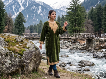 Gold Tilla embroidery on mehndi green velvet Kashmiri pheran