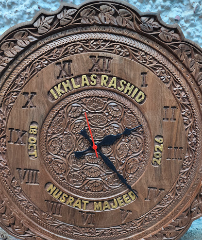 Hand carved Kashmiri walnut wood wall clock with custom names
