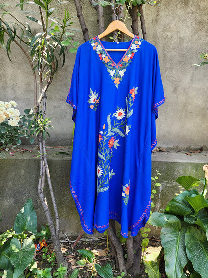 Royal Blue Rayon Cotton Floral Vine Climb Design Kashmiri Kaftan