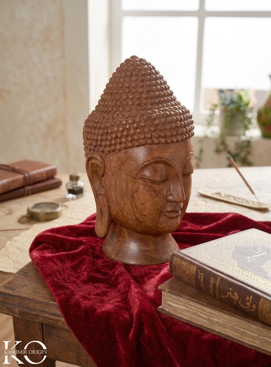 Walnut Wood Buddha Face Showpiece | Buddha Head Statue Sculpture Figurine for Home Décor | 12 inches | Brown | Handcrafted Meditation Buddha Statue for Home, Office, Mandir & Pooja Room Décor | Decorative Gifts for Housewarming & Festivals