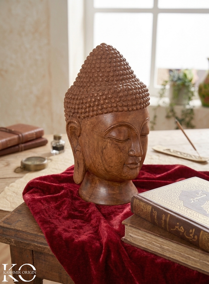 Walnut Wood Buddha Face Showpiece | Buddha Head Statue Sculpture Figurine for Home Décor | 12 inches | Brown | Handcrafted Meditation Buddha Statue for Home, Office, Mandir & Pooja Room Décor | Decorative Gifts for Housewarming & Festivals