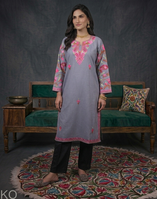 Subtle Stone Grey Aari Embroidered Arm Design Cotton Kurti