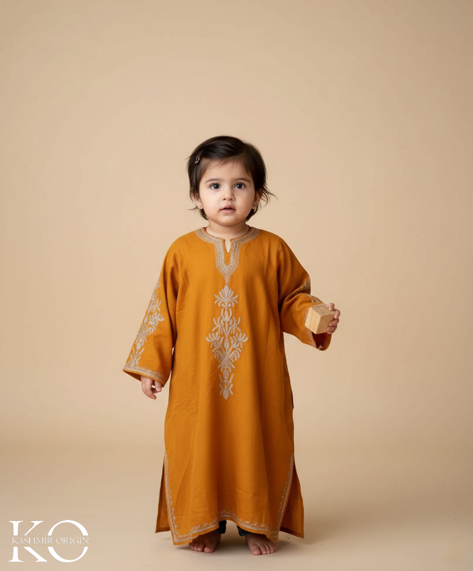 Mustard Zari Embroidered Woolen Kids Pheran | Girls Pheran | Kids Wear
