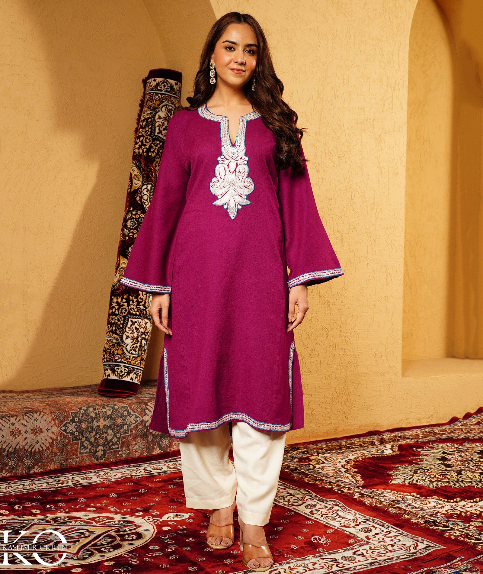 Purple Tilla Embroidered Pure Kashmiri Wool Pheran