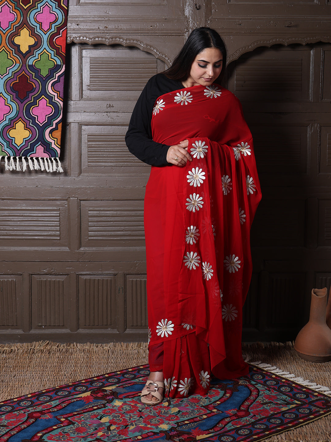 Red Georgette Saree with Silver Aari Daisy Motifs