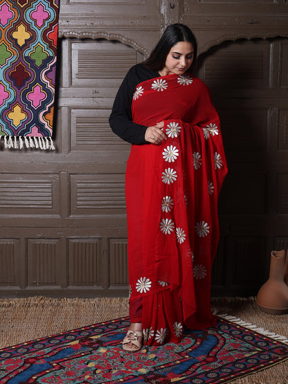 Red Georgette Saree with Silver Aari Daisy Motifs