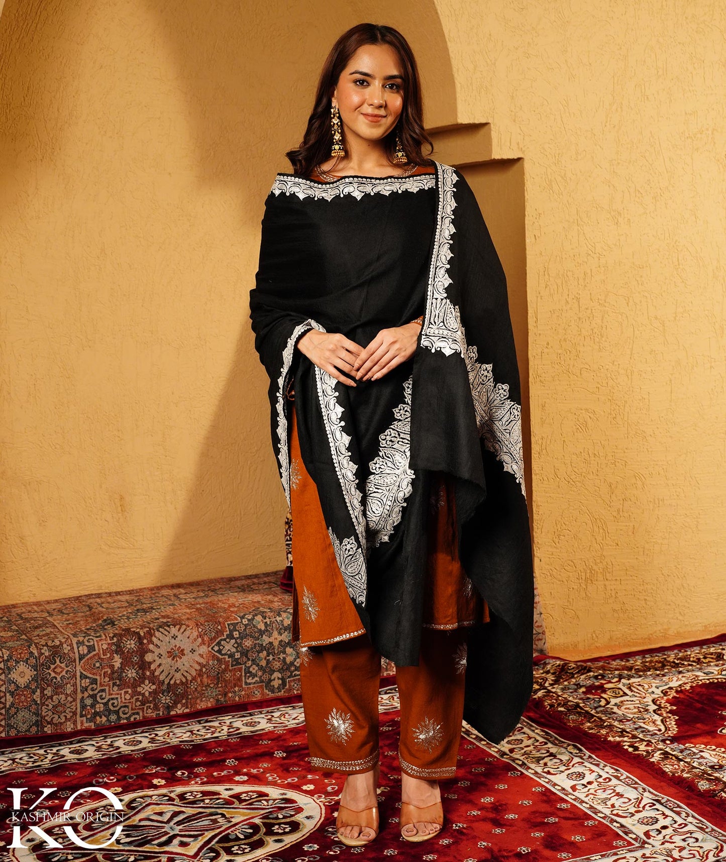 Black Tilla Embroidered Woolen Shawl