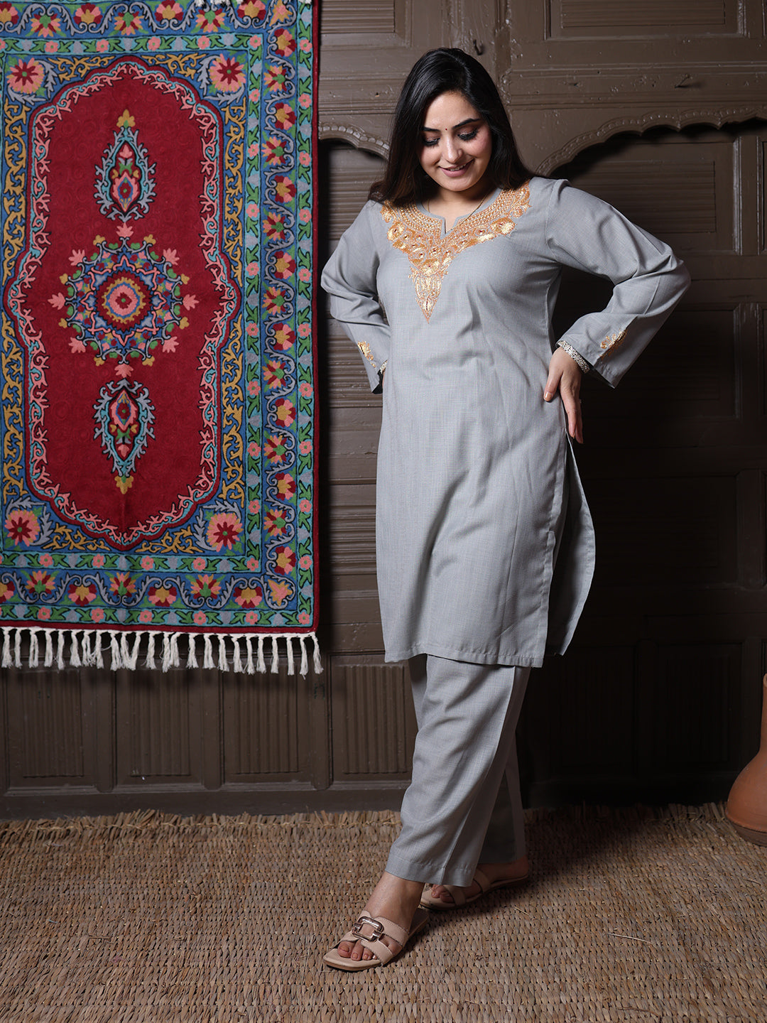 Steel Grey Golden Tilla Embroidered Kashmiri Cotton Co-Ord Set