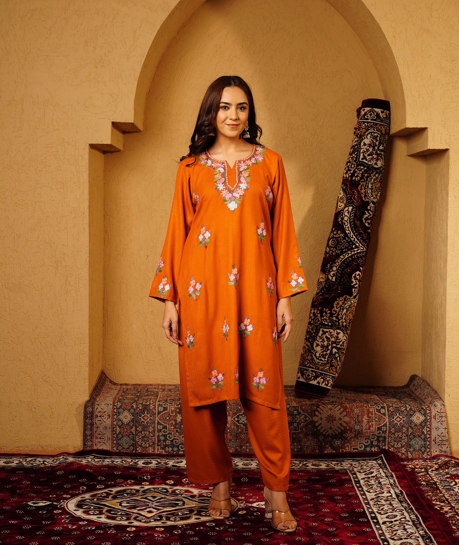 Rust Aari Embroidered Bootidaar Woolen Suit With Shawl