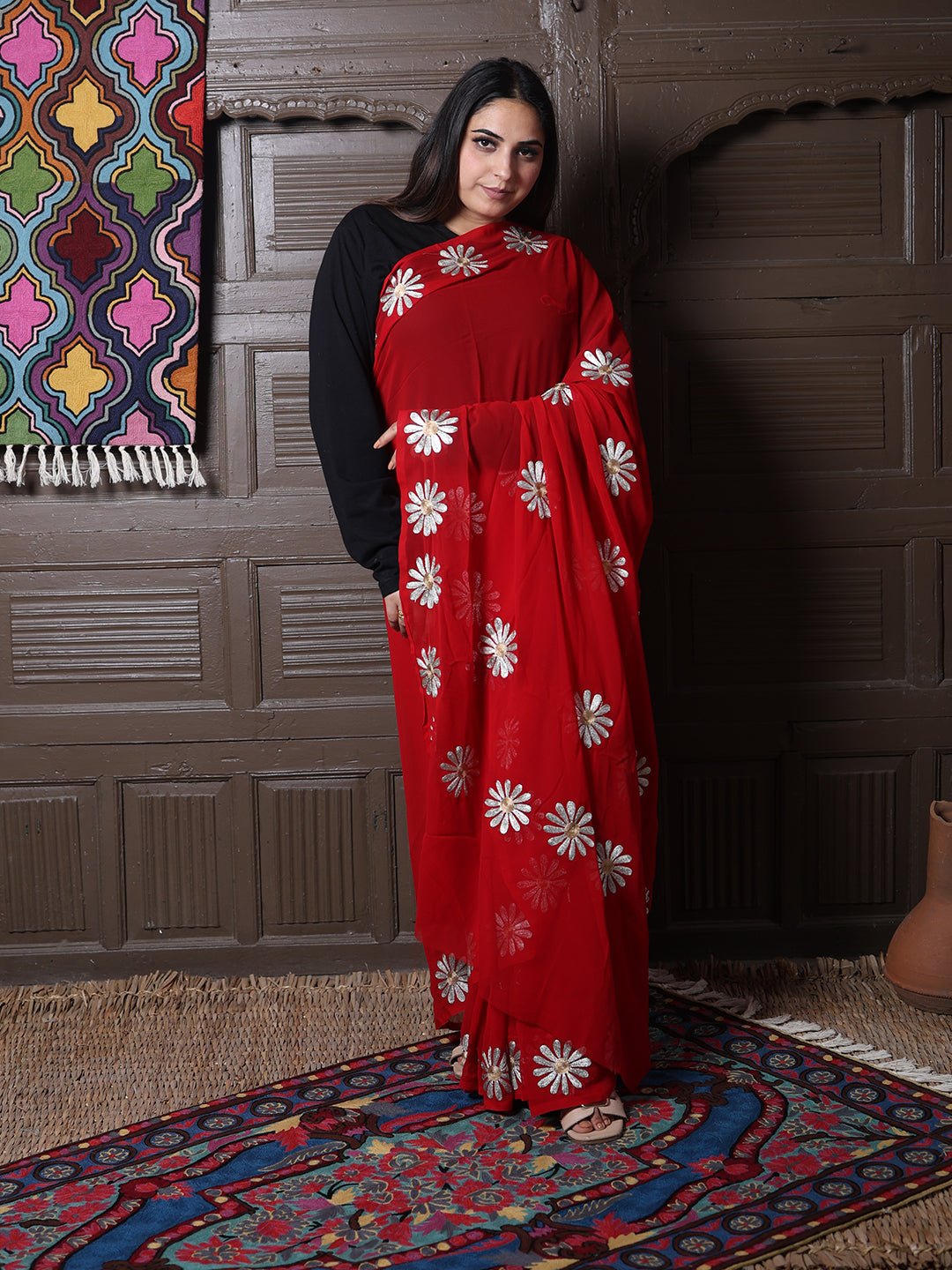 Red Georgette Saree with Silver Aari Daisy Motifs