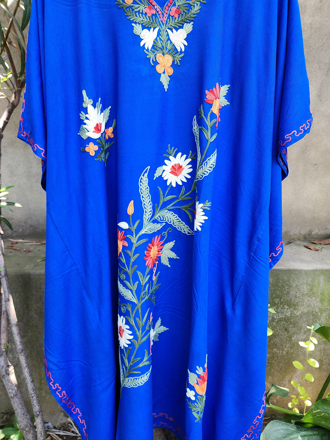 Royal Blue Rayon Cotton Floral Vine Climb Design Kashmiri Kaftan