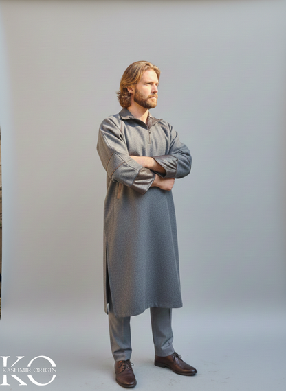 Grey Stylish Leather Collar Kashmiri Pheran | Men's Phiran | Men's Winter Coat | Leather Cuffs