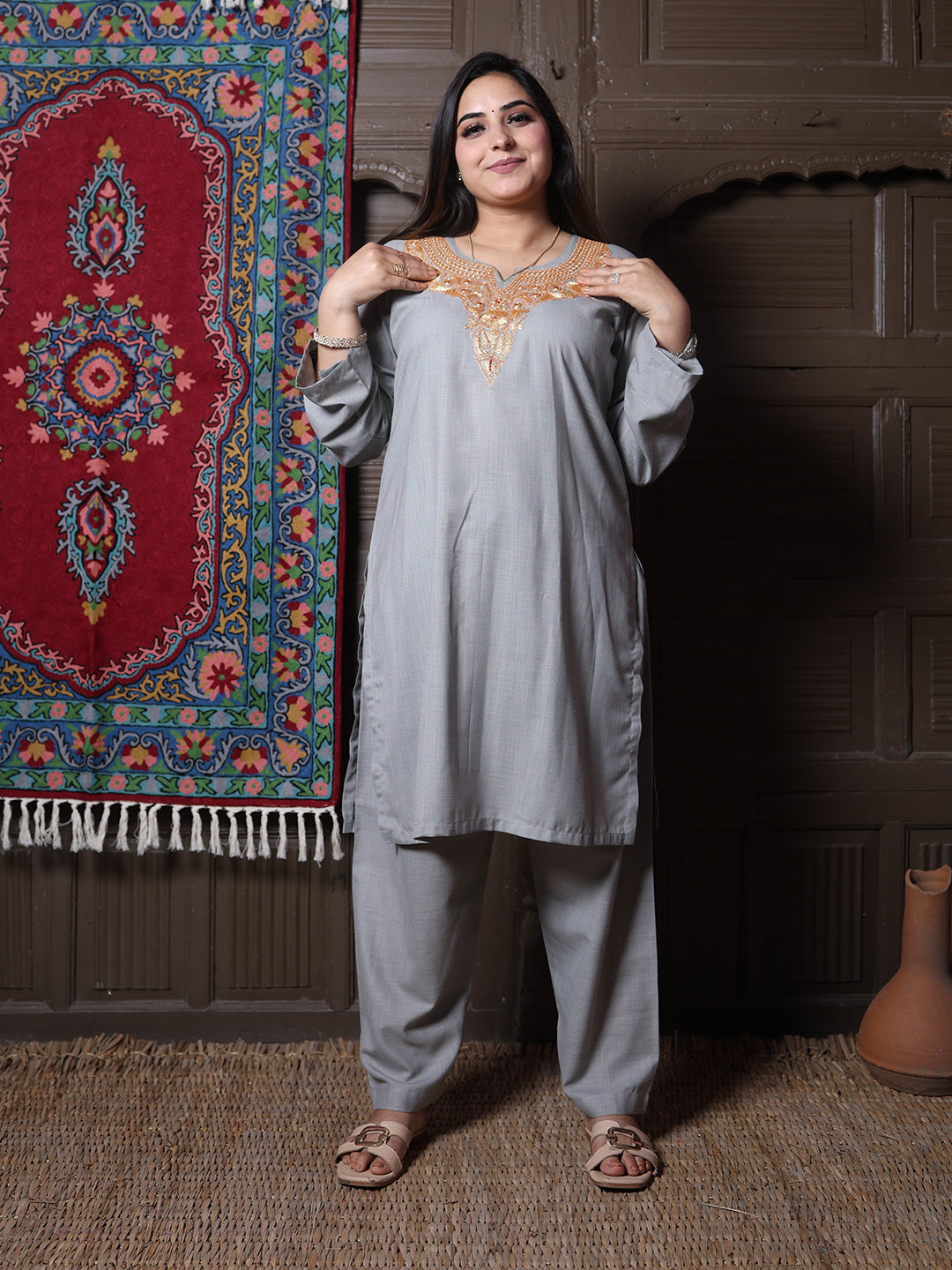 Steel Grey Golden Tilla Embroidered Kashmiri Cotton Co-Ord Set