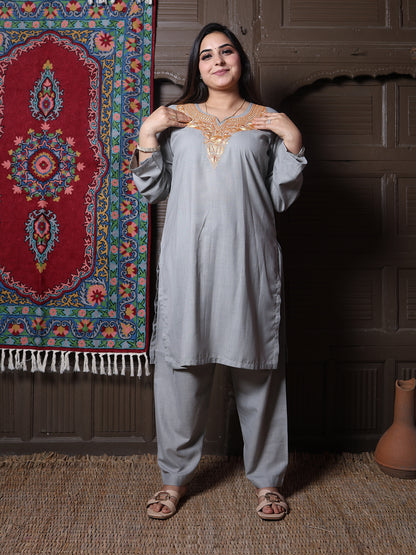 Steel Grey Golden Tilla Embroidered Kashmiri Cotton Co-Ord Set